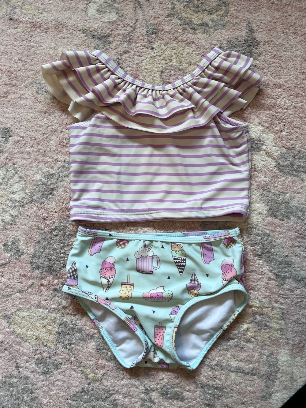3T Girls Two-Piece Ruffle Butts Tankini Set in Lavender Stripes & Mint Ice Cream